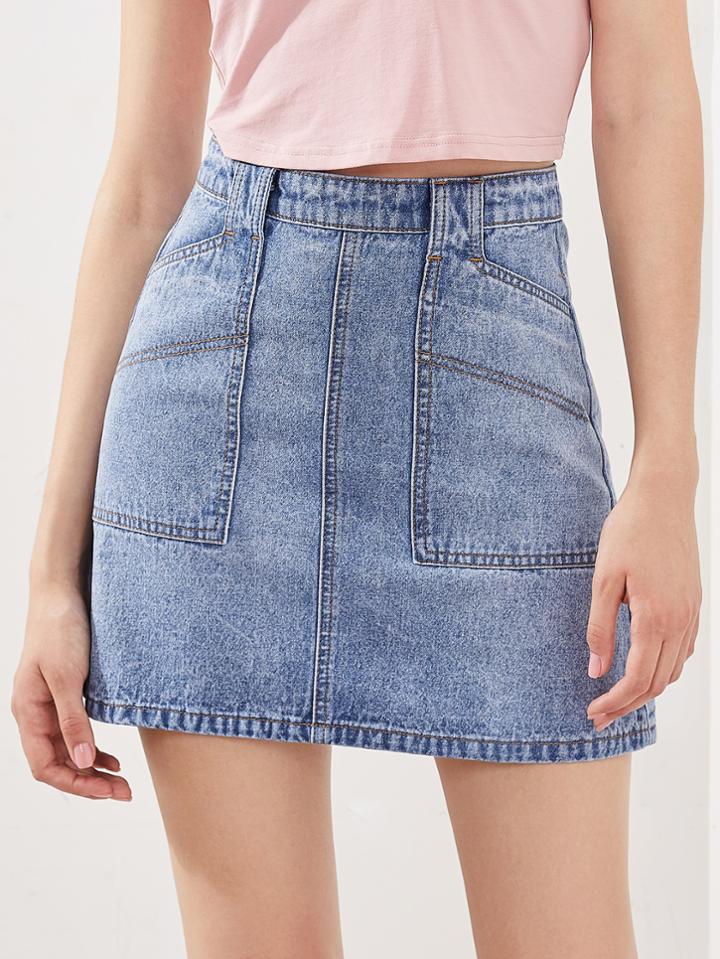 Shein Cloud Wash Patch Pocket Zip Back Denim Skirt