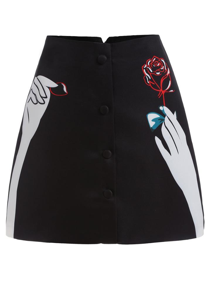 Shein Buttoned Fornt Hand With Rose Print Skirt