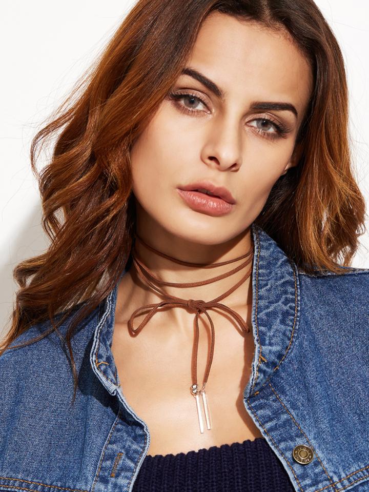 Shein Coffee Bow Metal Bar Pendant Wrap Choker Necklace