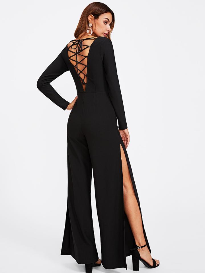 Shein Lace Up V Back Side Slit Wide Leg Jumpsuit