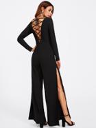 Shein Lace Up V Back Side Slit Wide Leg Jumpsuit