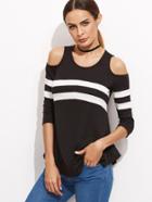 Shein Black Contrast Striped Open Shoulder T-shirt