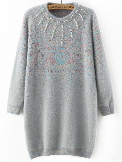 Shein Grey Crew Neck Bead Loose Sweater Dress
