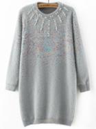 Shein Grey Crew Neck Bead Loose Sweater Dress