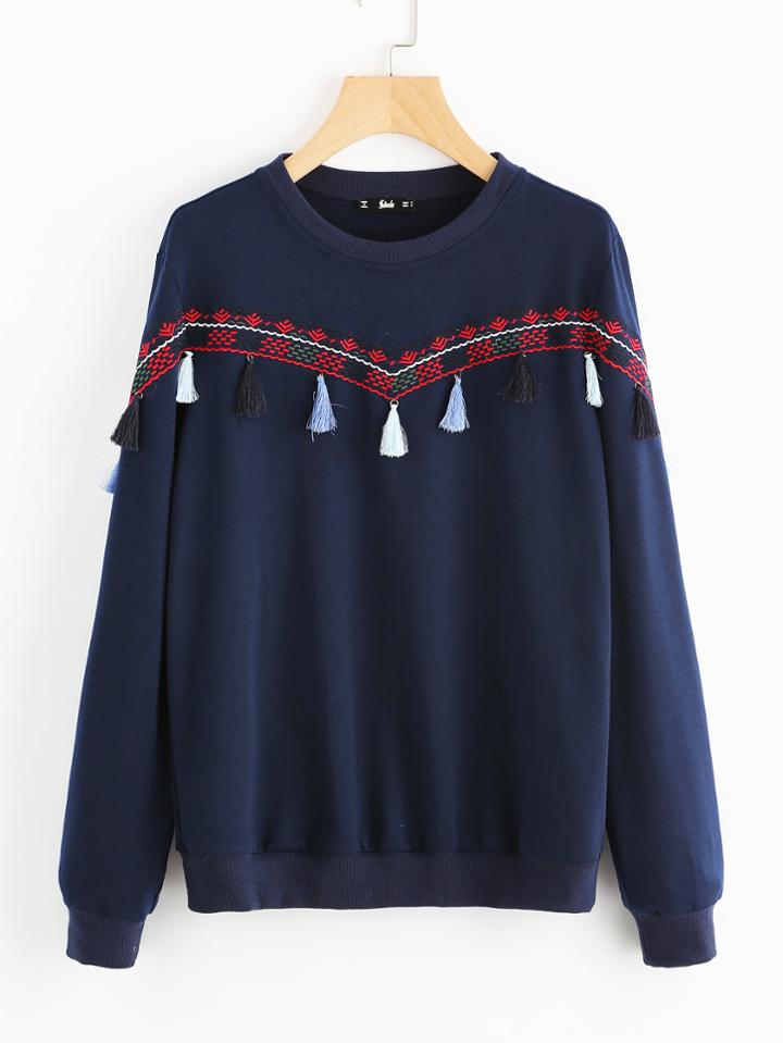 Shein Tassel Trim Embroidered Pullover