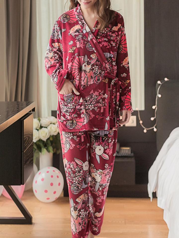 Shein Rabbit & Calico Print Wrap Plush Top & Pants Pj Set