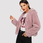 Shein Solid Open Front Hooded Teddy Coat