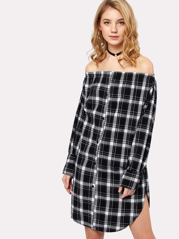 Shein Tartan Plaid Off Shoulder Shirt Dress