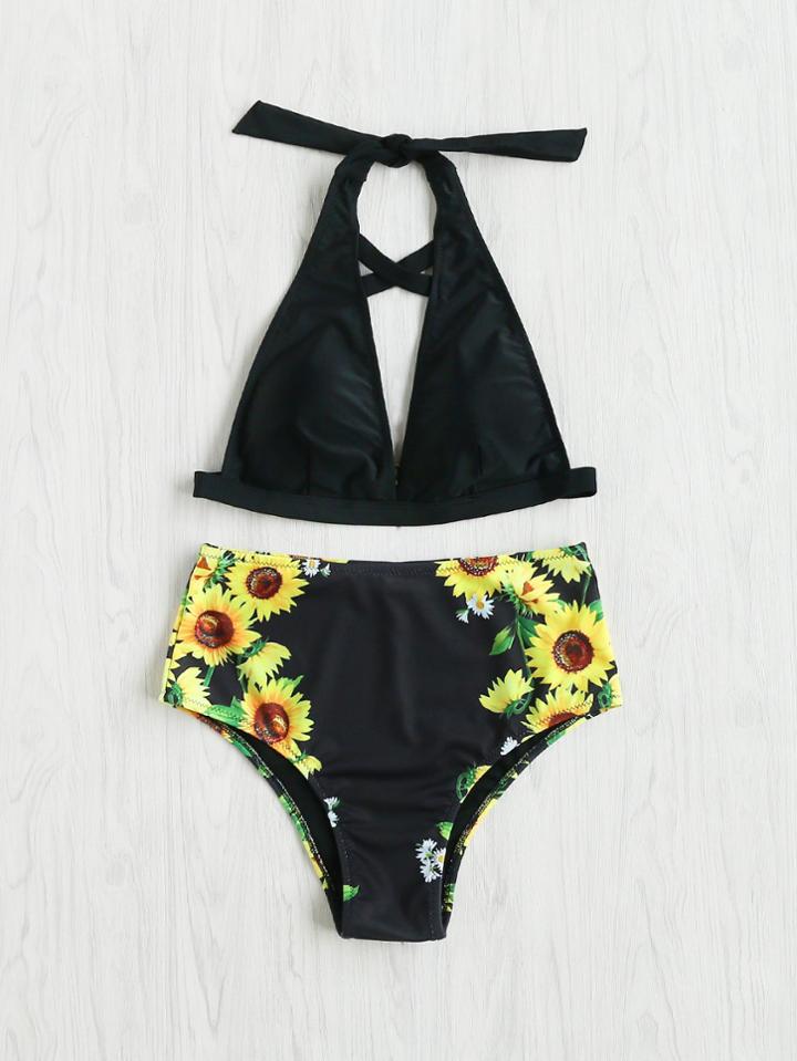 Shein Sunflower Print Criss Cross Tie Neck Bikini Set