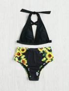 Shein Sunflower Print Criss Cross Tie Neck Bikini Set