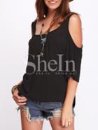 Shein Black U Neck Open Shoulder Casual T-shirt