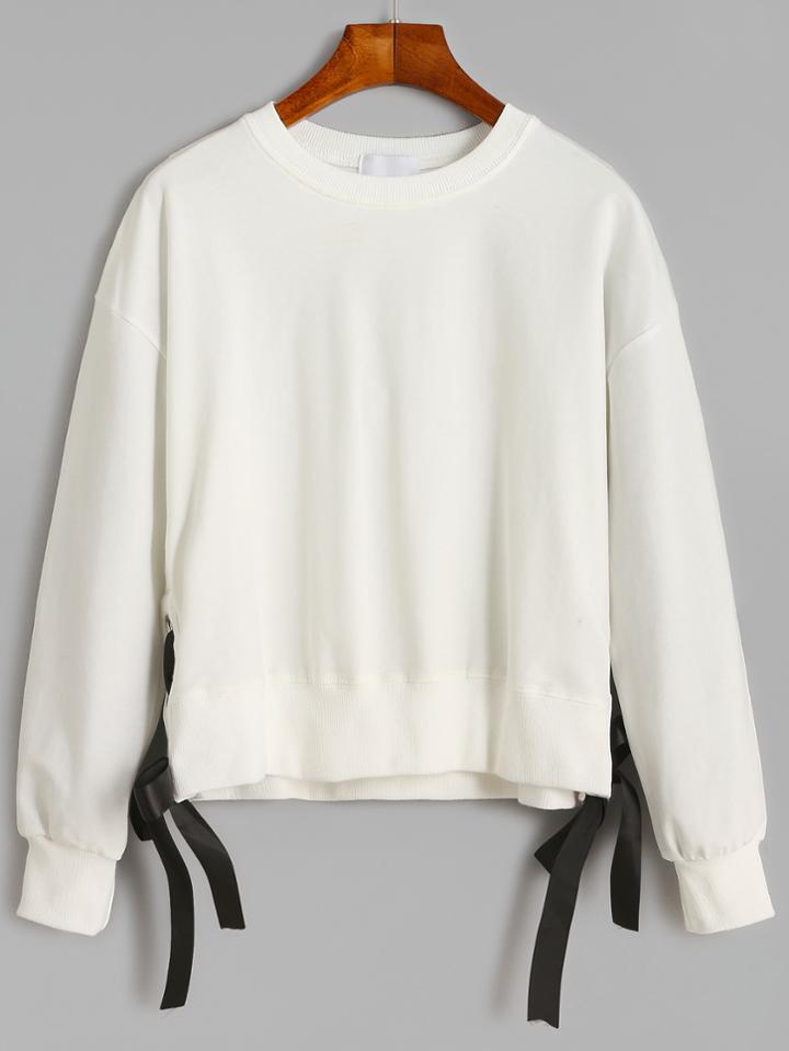 Shein White Drop Shoulder Eyelet Tie Side Sweatshirt