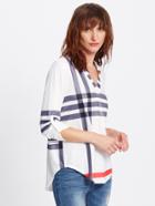 Shein Roll Tab Sleeve Mixed Striped V Neck Top