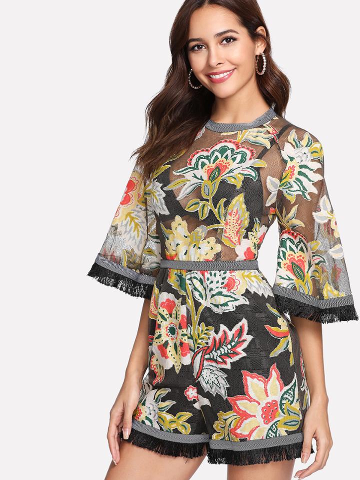 Shein Fringe Trim Floral Mesh Jumpsuit