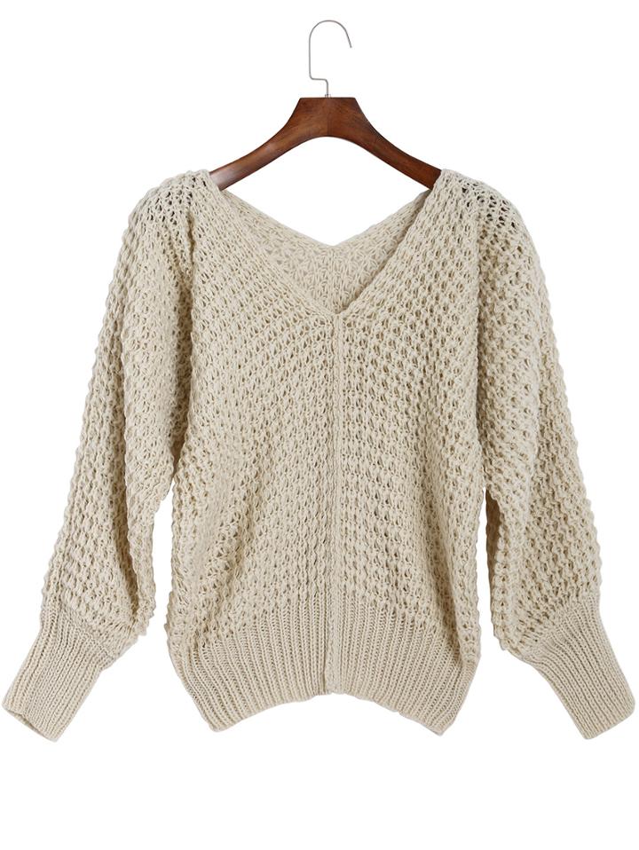 Shein Beige V Neck Long Sleeve Loose Knit Sweater