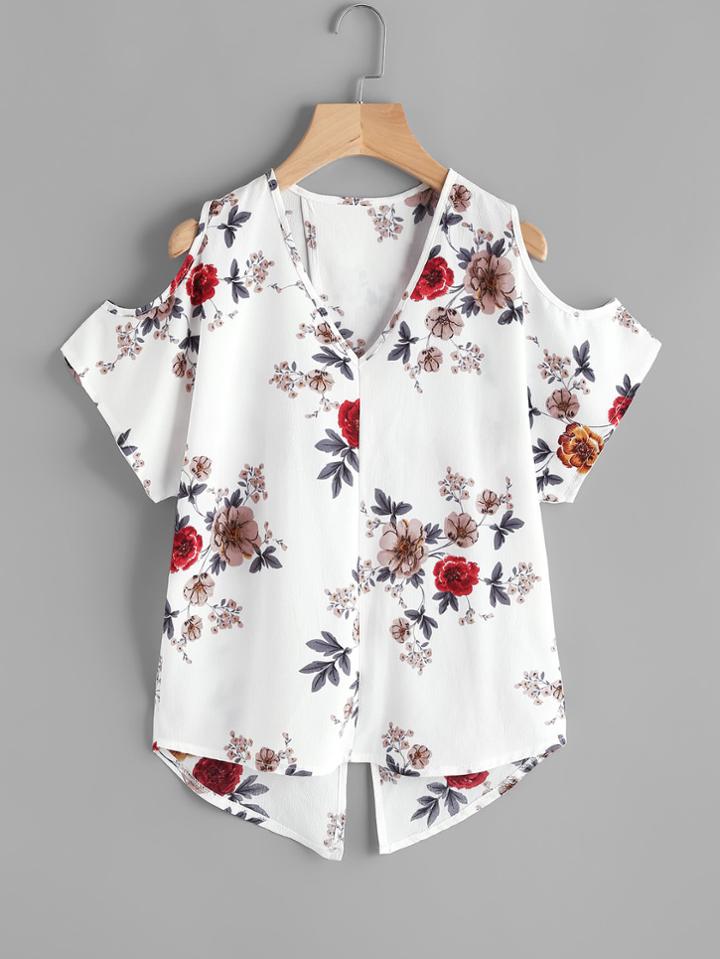 Shein Random Botanical Print Open Shoulder Overlap Back Blouse
