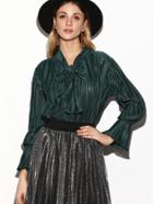 Shein Dark Green Bow Tie Neck Pleated Blouse
