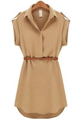 Shein Khaki Overalls Lapel Short Sleeve Loose Chiffon Dress