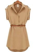 Shein Khaki Overalls Lapel Short Sleeve Loose Chiffon Dress