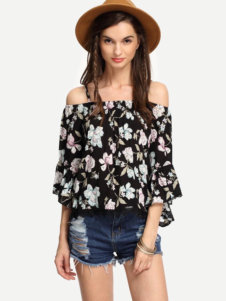 Shein Black Lace Trimmed Cold Shoulder Flower Print Top