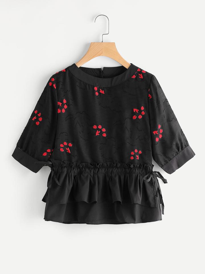 Shein Embroidery Frill Layered Trim Blouse