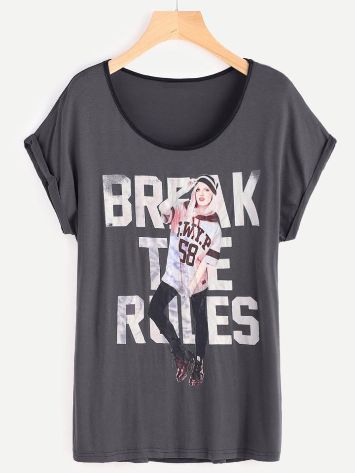 Shein Contrast Binding Neckline Roll Cuff Graphic Tee