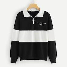 Shein Zip Front Color Block Letter Collar Sweatshirt