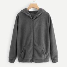 Shein Pocket Decoration Solid Hooded Teddy Jacket