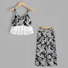 Shein Leaf Print Lace Contrast Cami Top & Wide Leg Pants