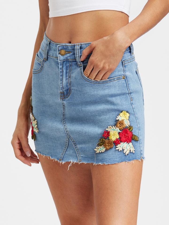 Shein Flower Embroidered Raw Hem Light Wash Denim Skirt