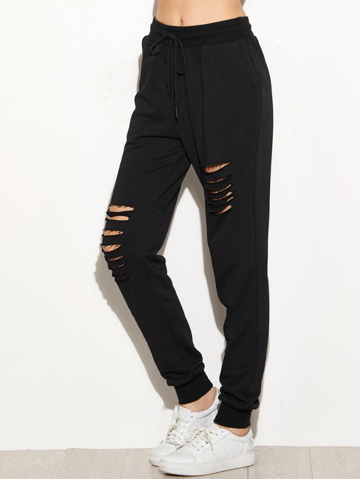 Shein Black Ripped Drawstring Sweatpants