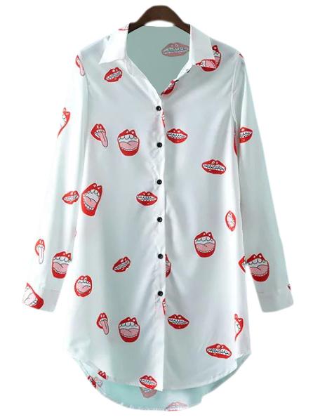 Shein Multicolor Long Sleeve Dolphin Hem Tongue Print Blouse