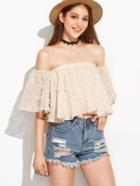 Shein Apricot Off The Shoulder Applique Mesh Top