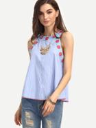 Shein Blue Striped Embroidered Sleeveless Blouse