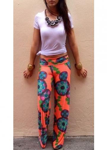 Rosewe Print Design Low Waist Orange Pants