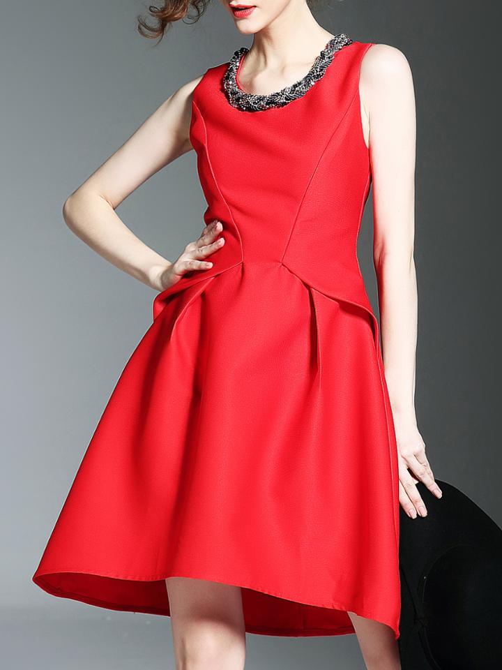 Shein Red Crew Neck Beading High Low Dress