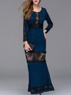 Shein Navy Round Neck Long Sleeve Contrast Lace Dress