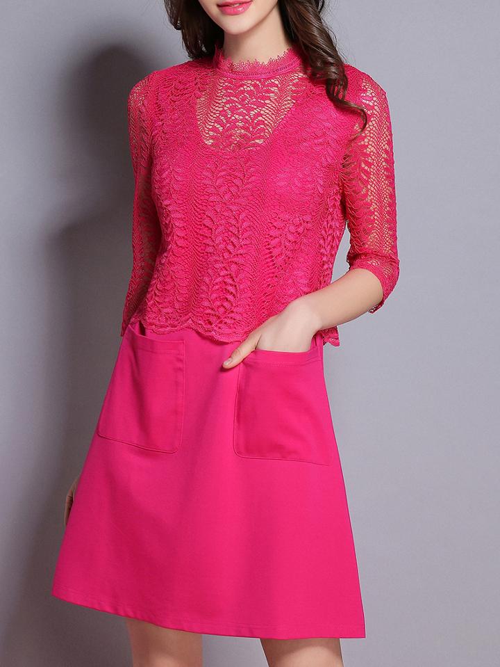 Shein Hot Pink Contrast Lace Pockets Combo Dress