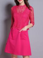 Shein Hot Pink Contrast Lace Pockets Combo Dress