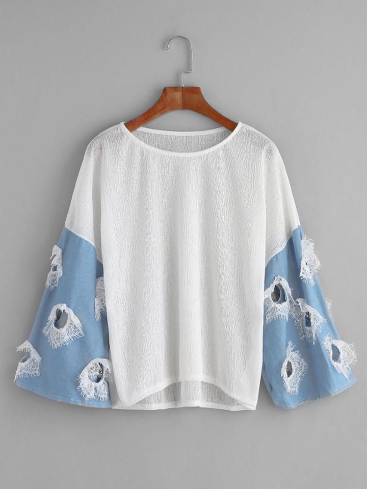 Shein Contrast Lace Applique Hollow High Low Blouse