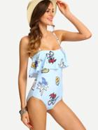 Shein Graffiti Print Flounce One-piece Swimwear - Light Blue