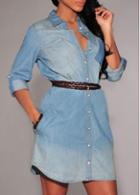Rosewe Single Breasted Light Denim Blue Shirt Dress