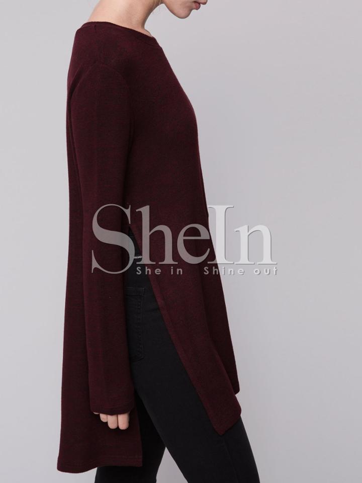 Shein Wine Red Round Neck Split T-shirt