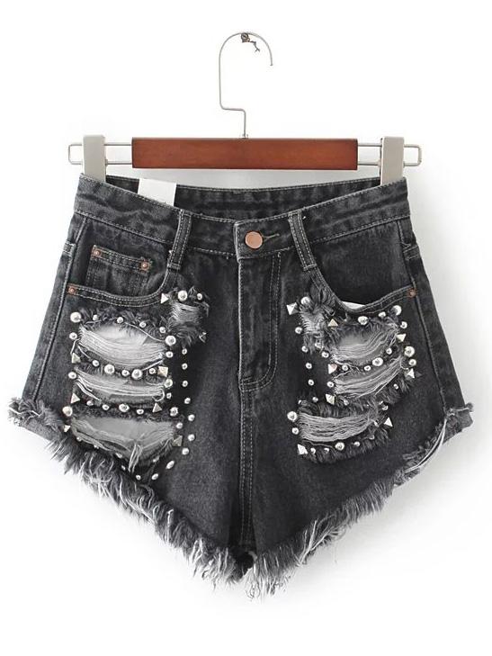 Shein Black Ripped Rivet Detail Denim Shorts