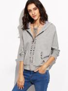 Shein Heather Grey Zip Up Embroidered Hoodie
