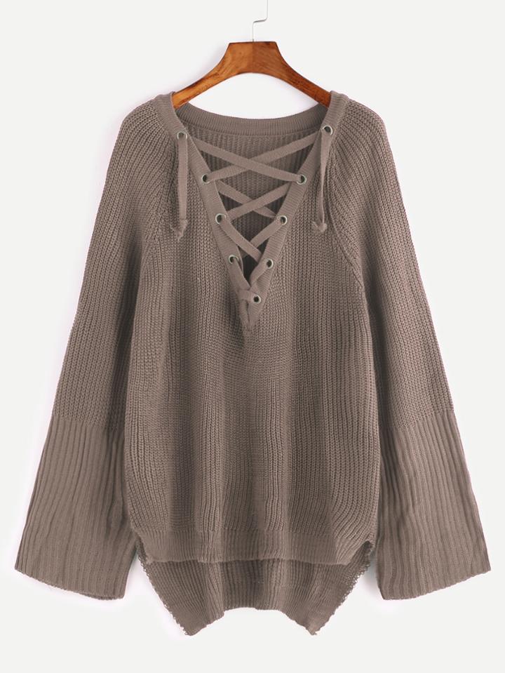 Shein Khaki Eyelet Lace Up Slit Side High Low Sweater