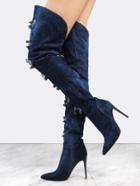 Shein Distressed Stiletto Thigh High Boots Dark Denim