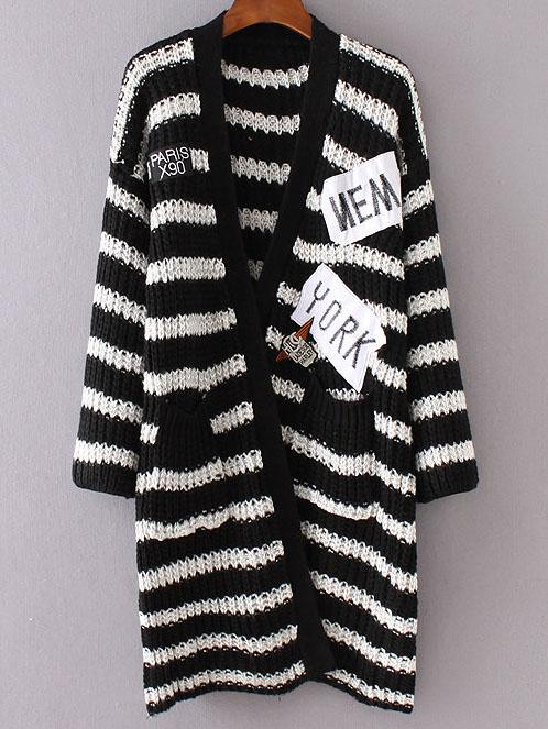 Shein Black Striped Embroidered Patch Pocket Long Sweater Coat