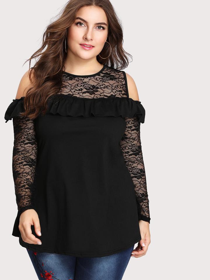 Shein Cold Shoulder Lace Panel Ruffle Trim Tee