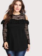 Shein Cold Shoulder Lace Panel Ruffle Trim Tee